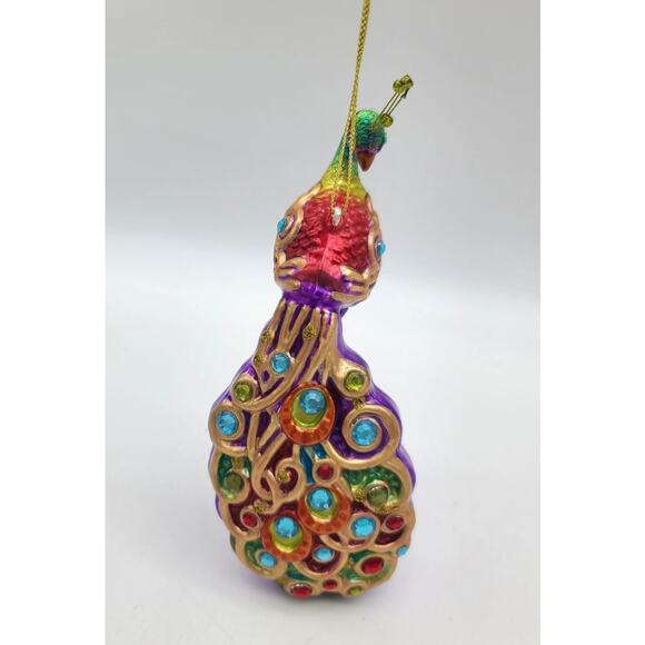 VTG Handcrafted Elegant Hanging Glass Peacock Christmas Ornament Rhinestones 7"L - Picture 3 of 6